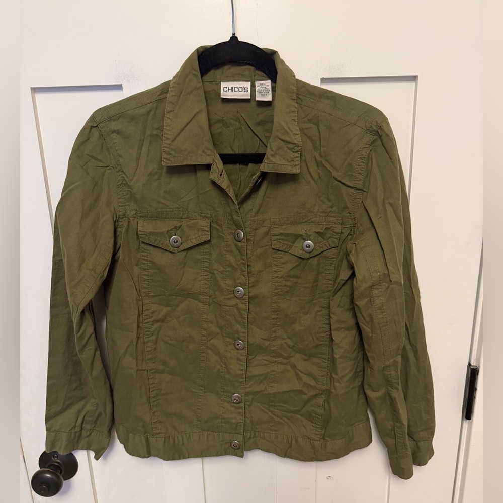Chico’s Army Green 100% Cotton Long Sleeve Lightweight Button Front Top Size 0 S